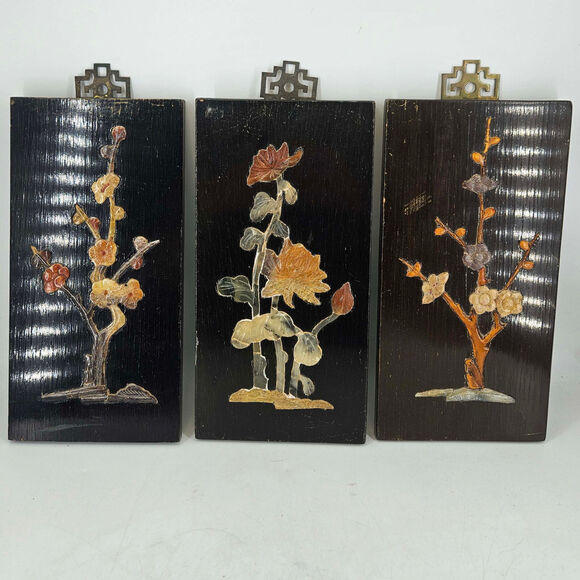 Vintage Soapstone carving Wall hanging flowers floral wood Hong Kong